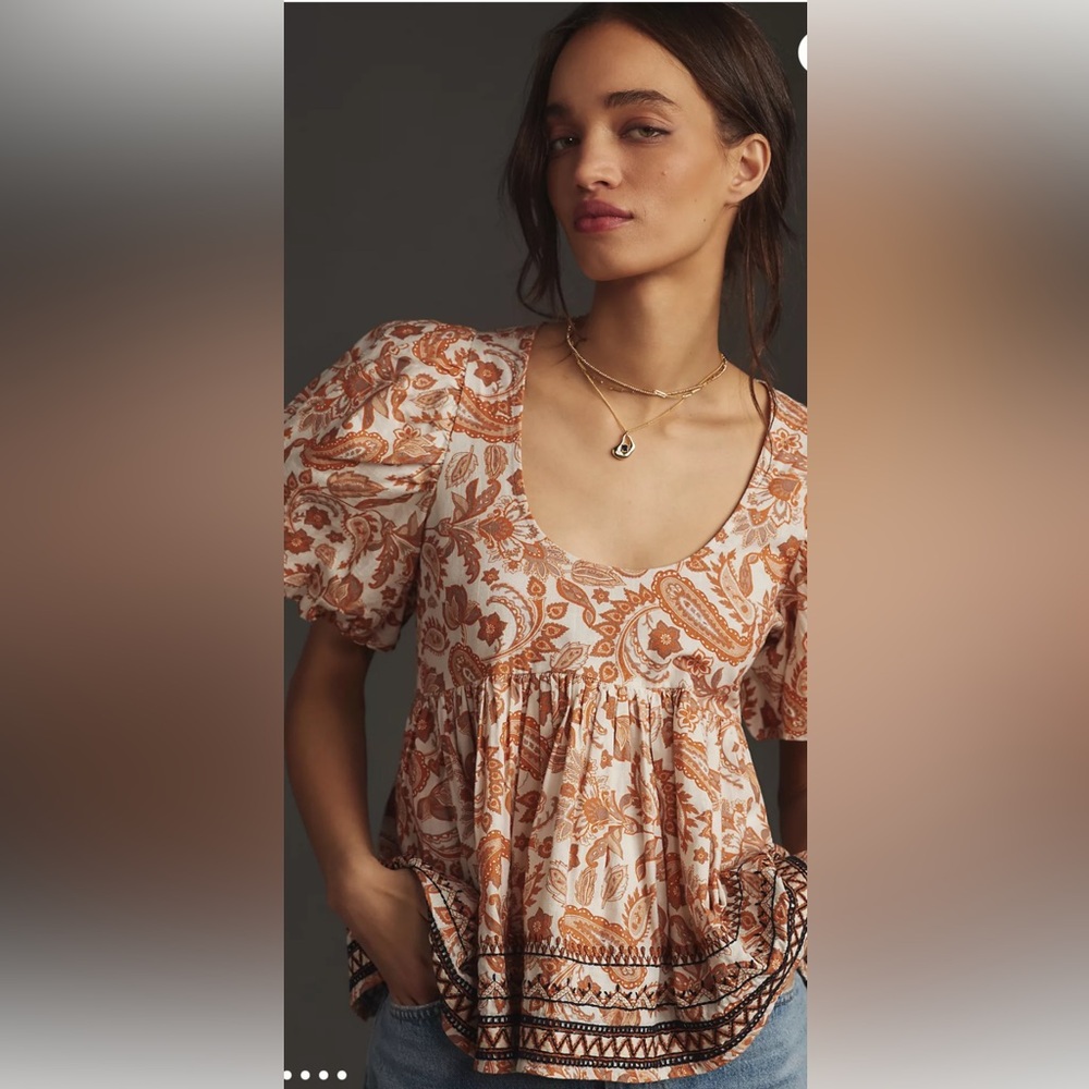 Anthropologie Rust Paisley Scoop-Neck Peplum Top XL boho cottagecore